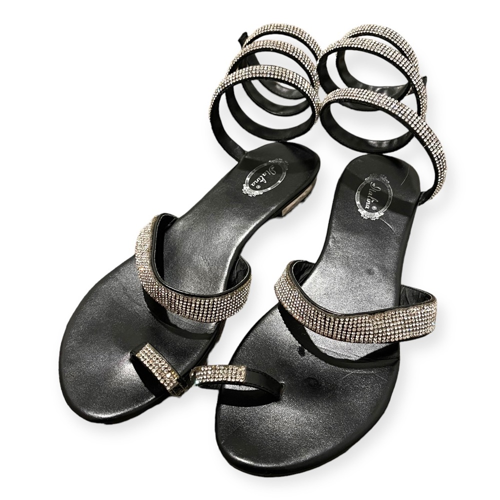 Rhinestone Calf-Wrap Sandals